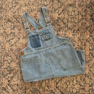 POL Blue Denim with Brown Leather Patch overall dress
